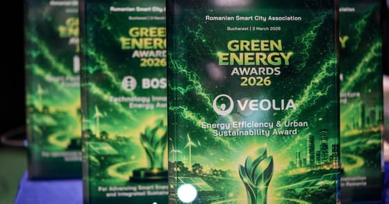 Trofeele Green Energy Awards 2026, aliniate pe o masă.