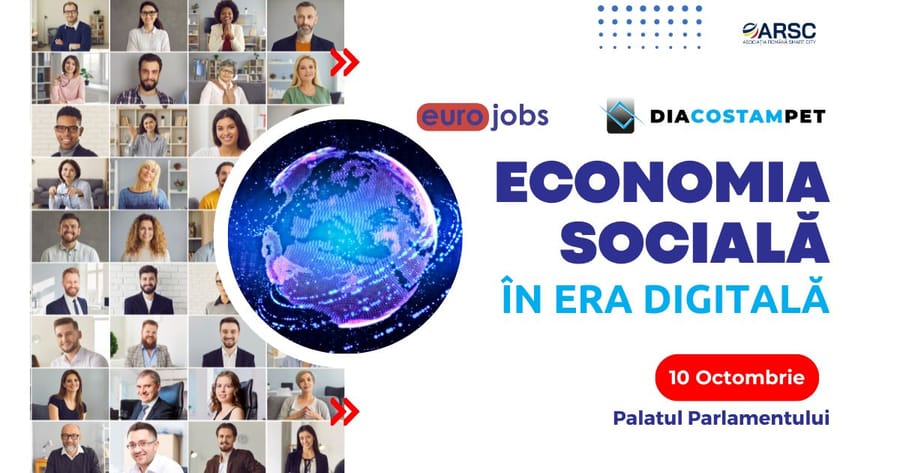 Poster for the "Economia Socială în Era Digitală" (Social Economy in the Digital Era) conference, 10 October, Palace of the Parliament.