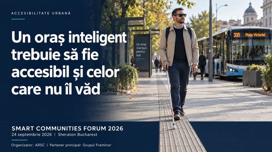 Smart Communities Forum 2026 visual: a blind man walks with a white cane along a pavement with tactile paving.