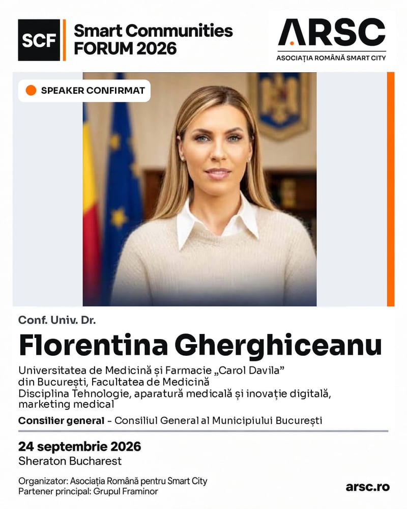 Speaker confirmat: Conf. univ. dr. Florentina Gherghiceanu, Universitatea de Medicină și Farmacie „Carol Davila” din București, Facultatea de Medicină; consilier general, Consiliul General al Municipiului București
